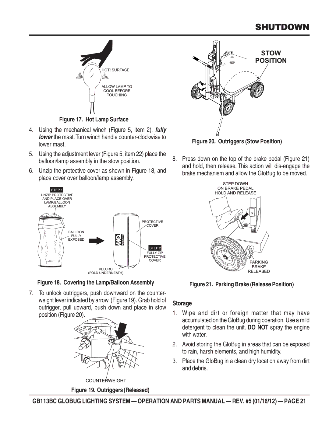 Multiquip BG113BC manual Shutdown, Storage 