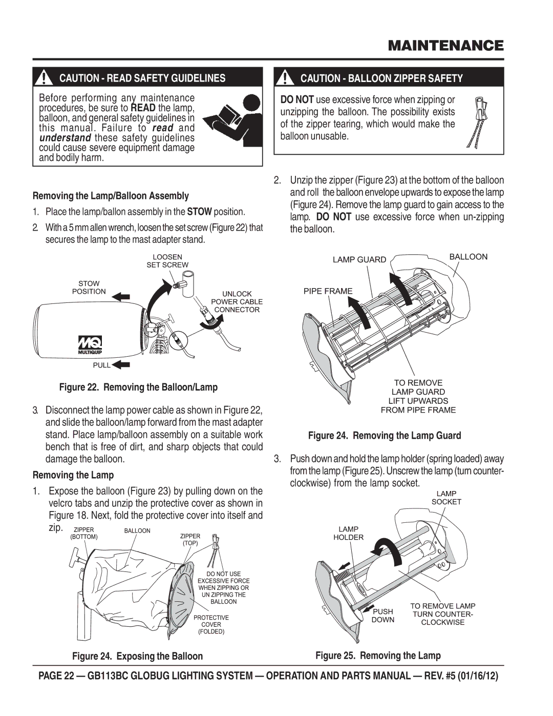 Multiquip BG113BC manual Maintenance, Zip 