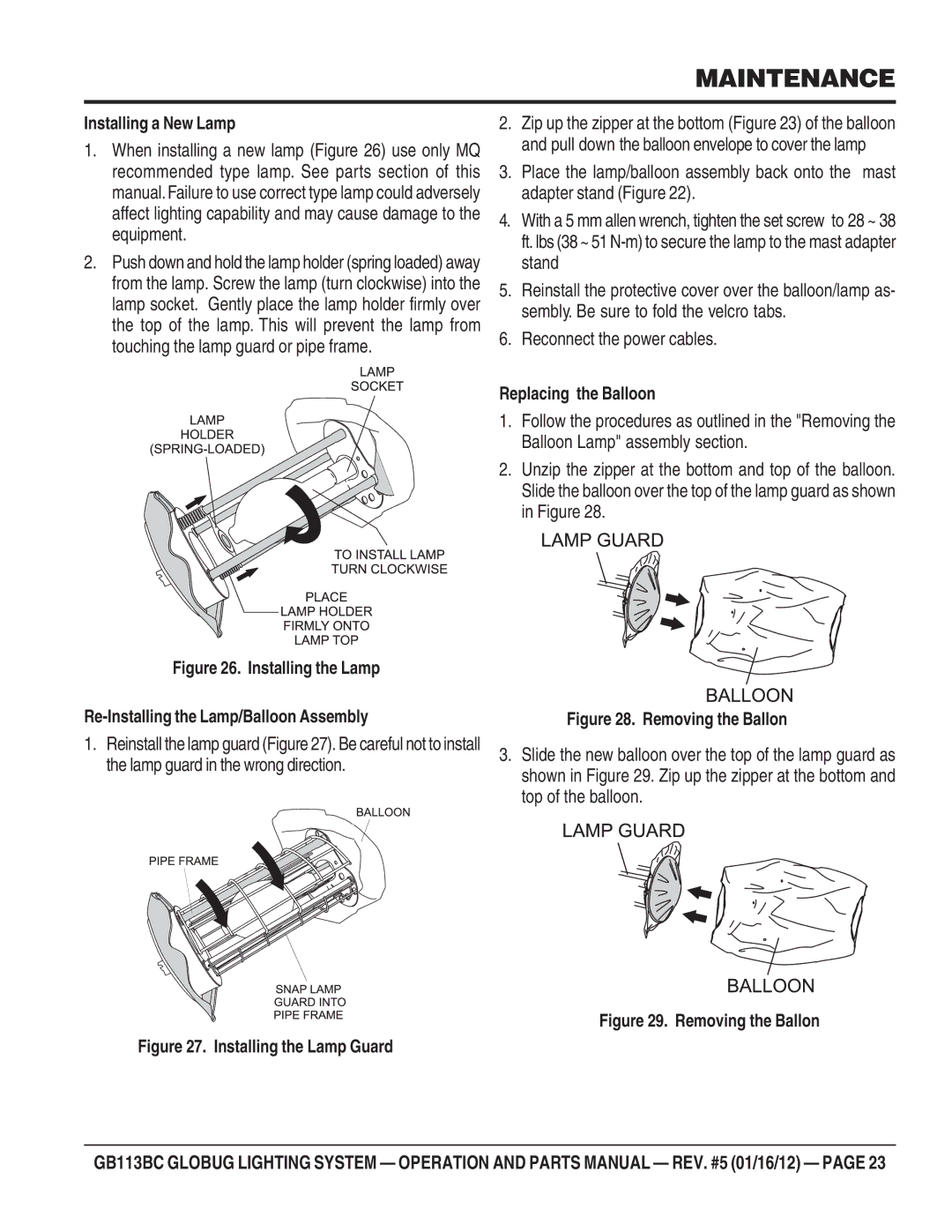 Multiquip BG113BC manual Reconnect the power cables, Installing a New Lamp 