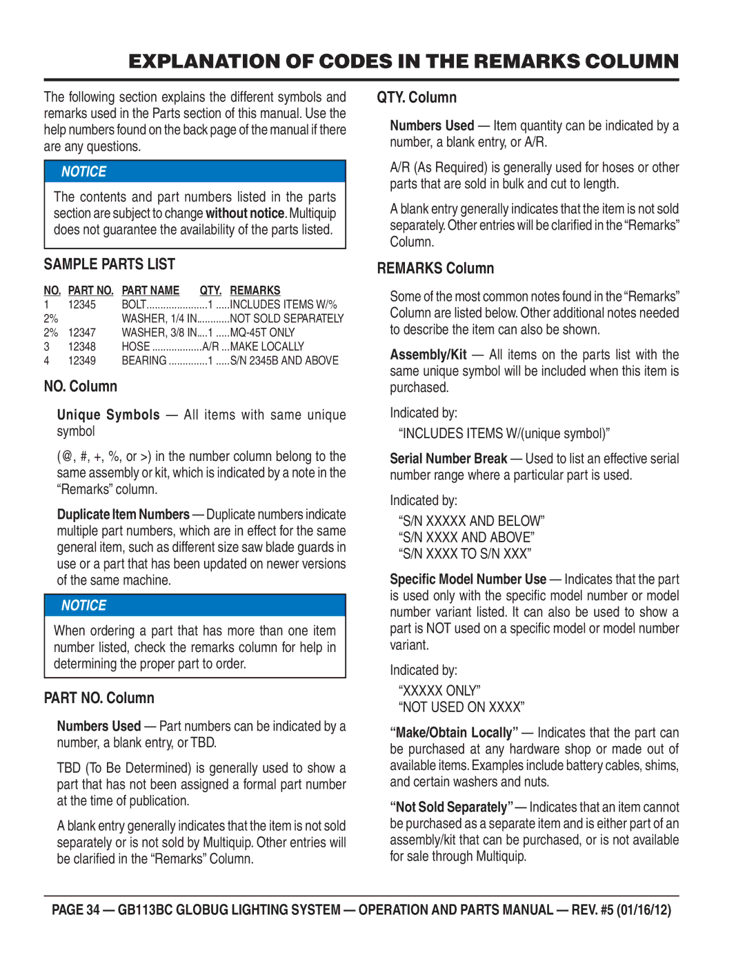 Multiquip BG113BC manual Explanation of Codes in the Remarks Column, Xxxxx only Not Used on 