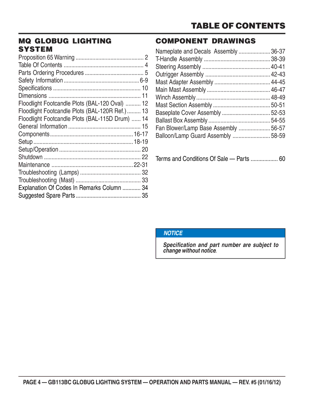 Multiquip BG113BC manual Table of Contents 