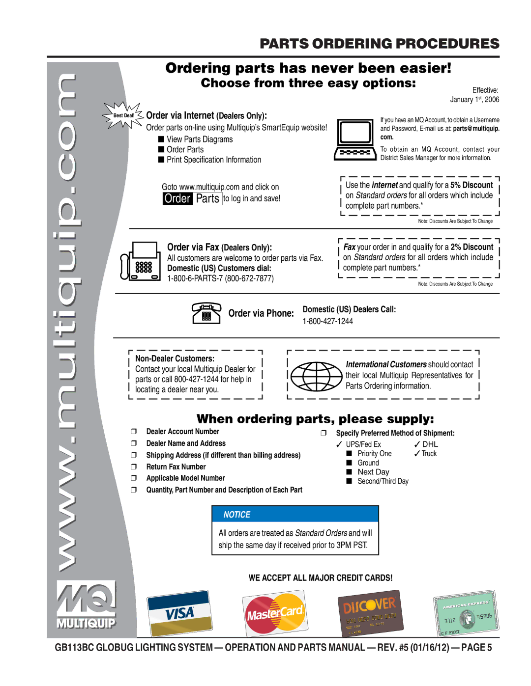 Multiquip BG113BC manual Ordering parts has never been easier, Parts Ordering Procedures 