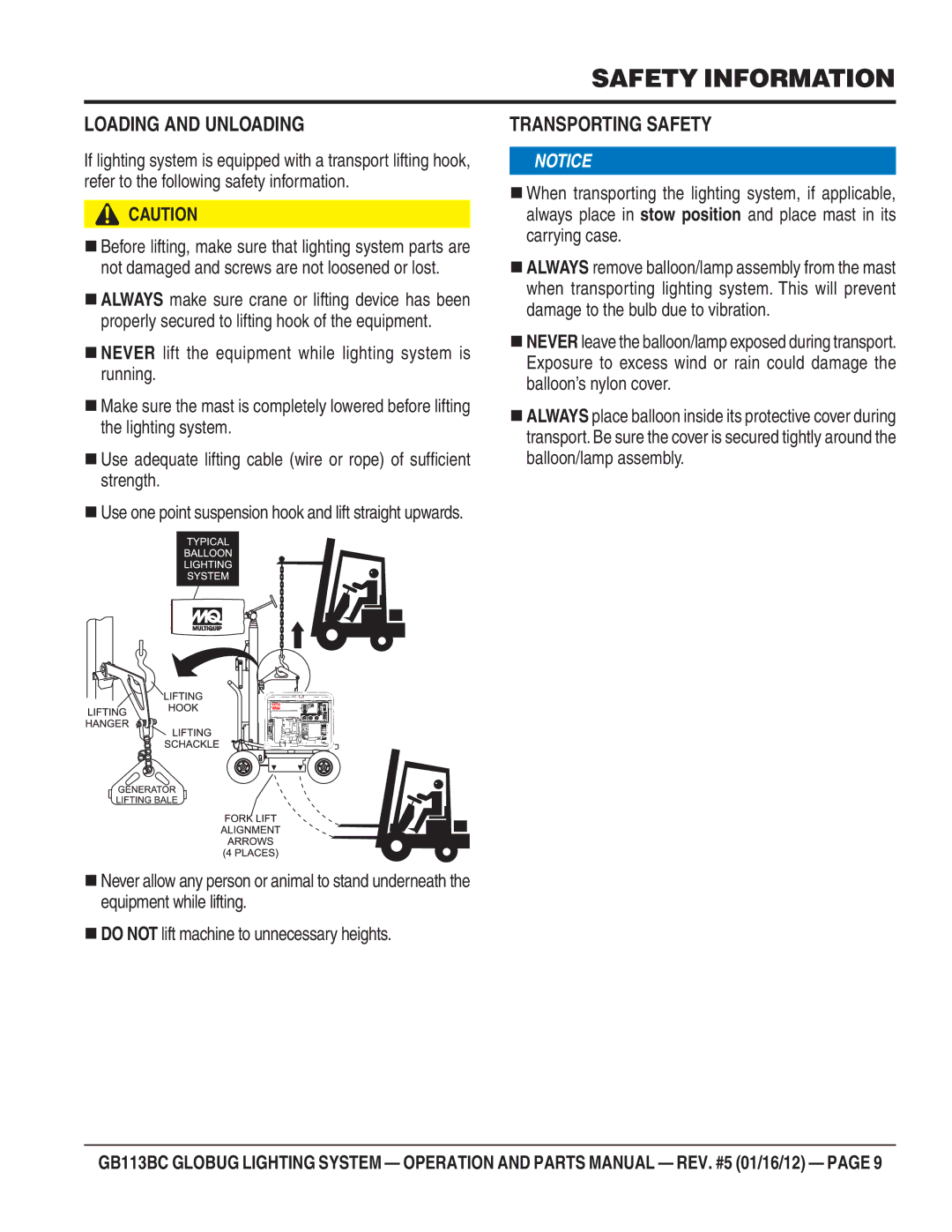 Multiquip BG113BC manual Loading and Unloading 