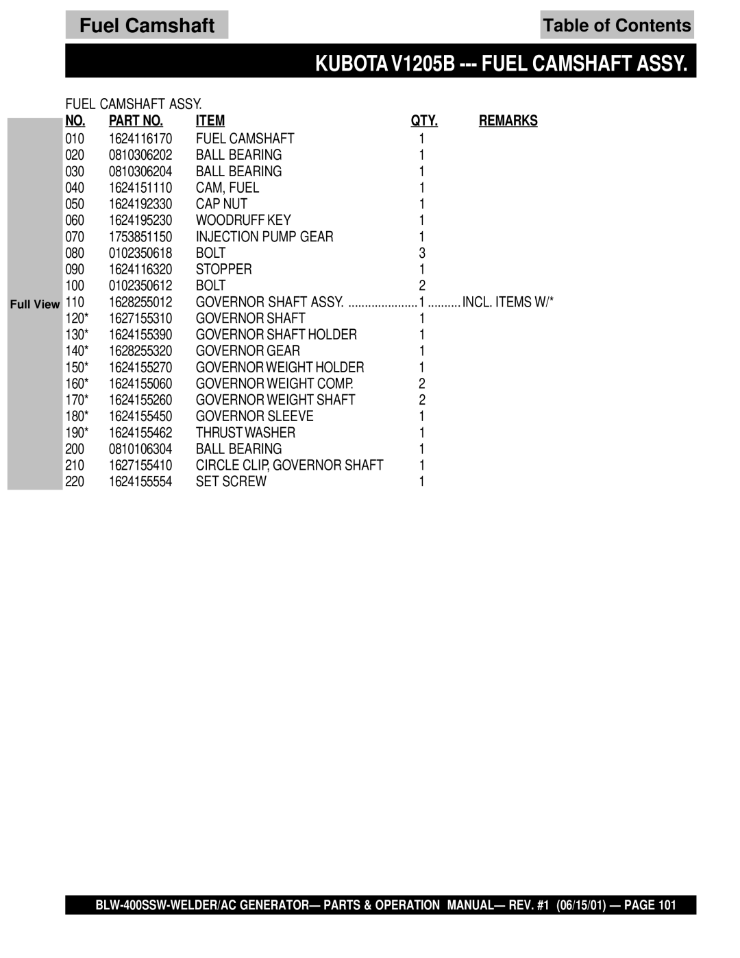 Multiquip BLW-400SSW operation manual Kubota V1205B --- Fuel Camshaft Assy 