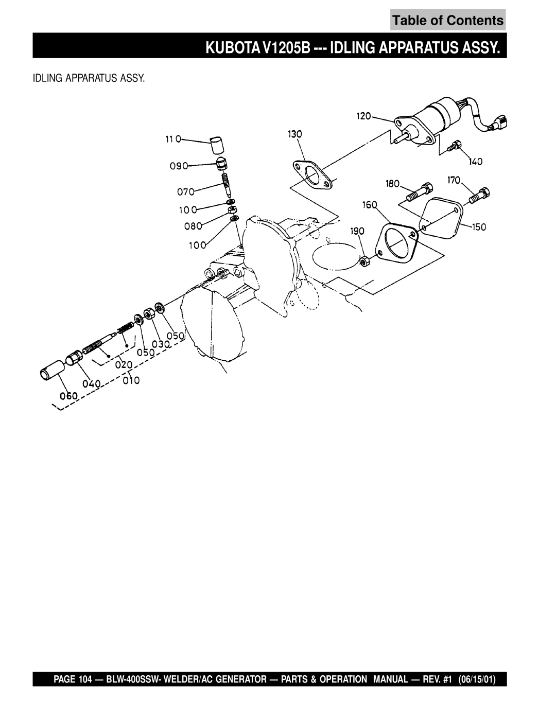 Multiquip BLW-400SSW operation manual Kubota V1205B --- Idling Apparatus Assy 