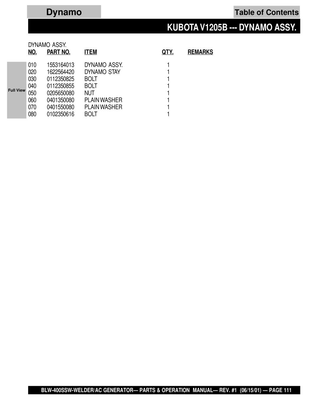 Multiquip BLW-400SSW operation manual Kubota V1205B --- Dynamo Assy, Dynamo Stay 