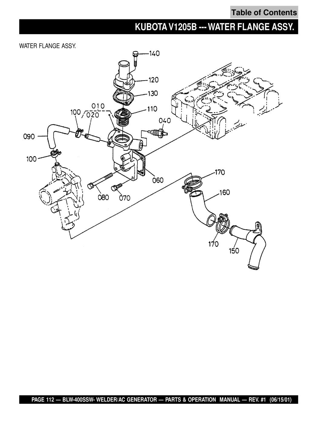 Multiquip BLW-400SSW operation manual Kubota V1205B --- Water Flange Assy 