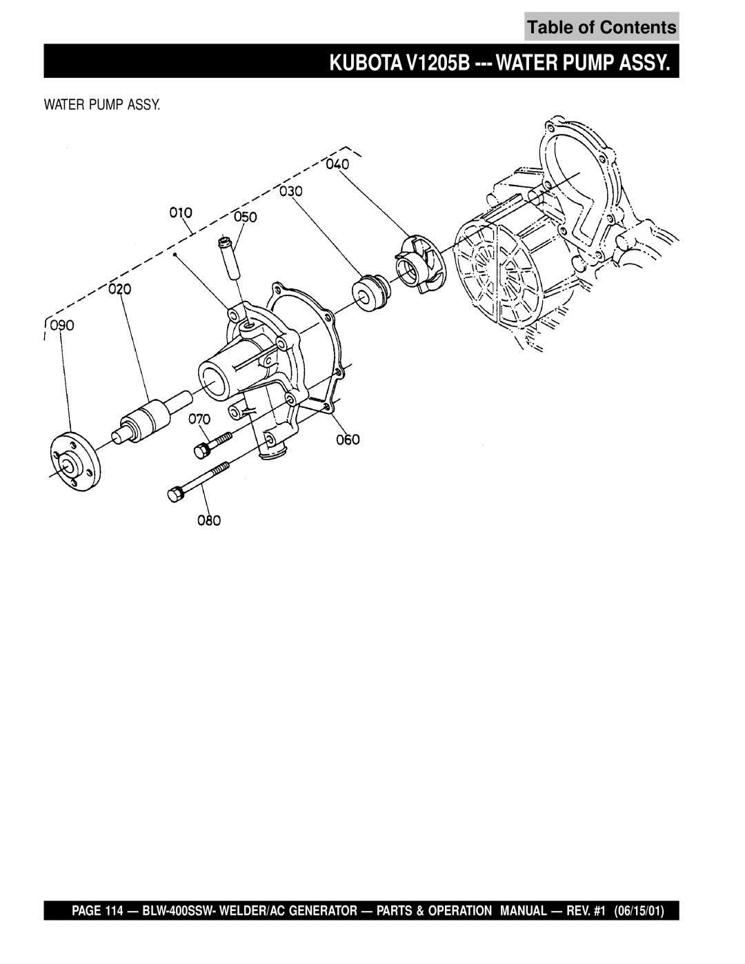 Multiquip BLW-400SSW operation manual Kubota V1205B --- Water Pump Assy 