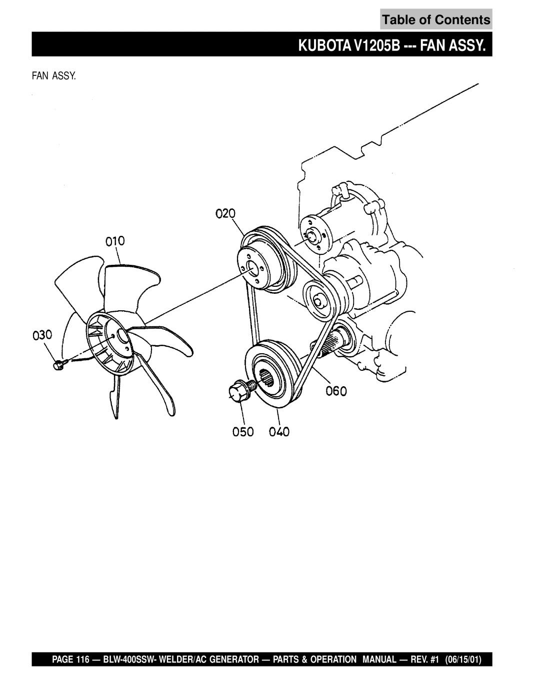 Multiquip BLW-400SSW operation manual Kubota V1205B --- FAN Assy 