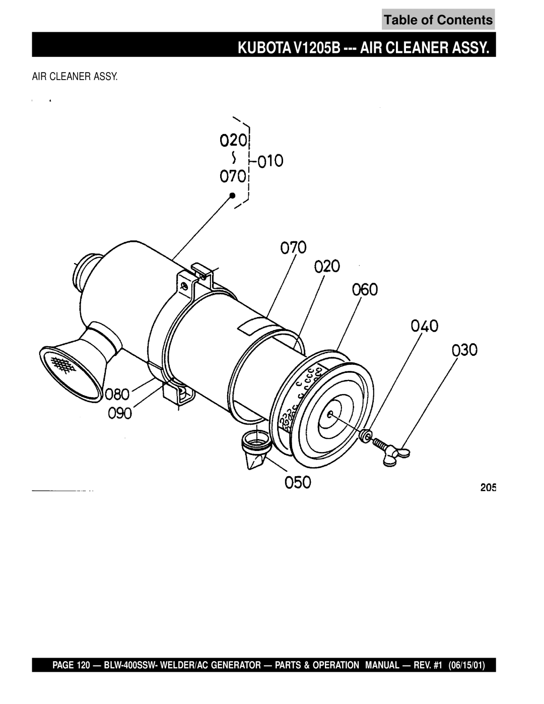 Multiquip BLW-400SSW operation manual Kubota V1205B --- AIR Cleaner Assy 