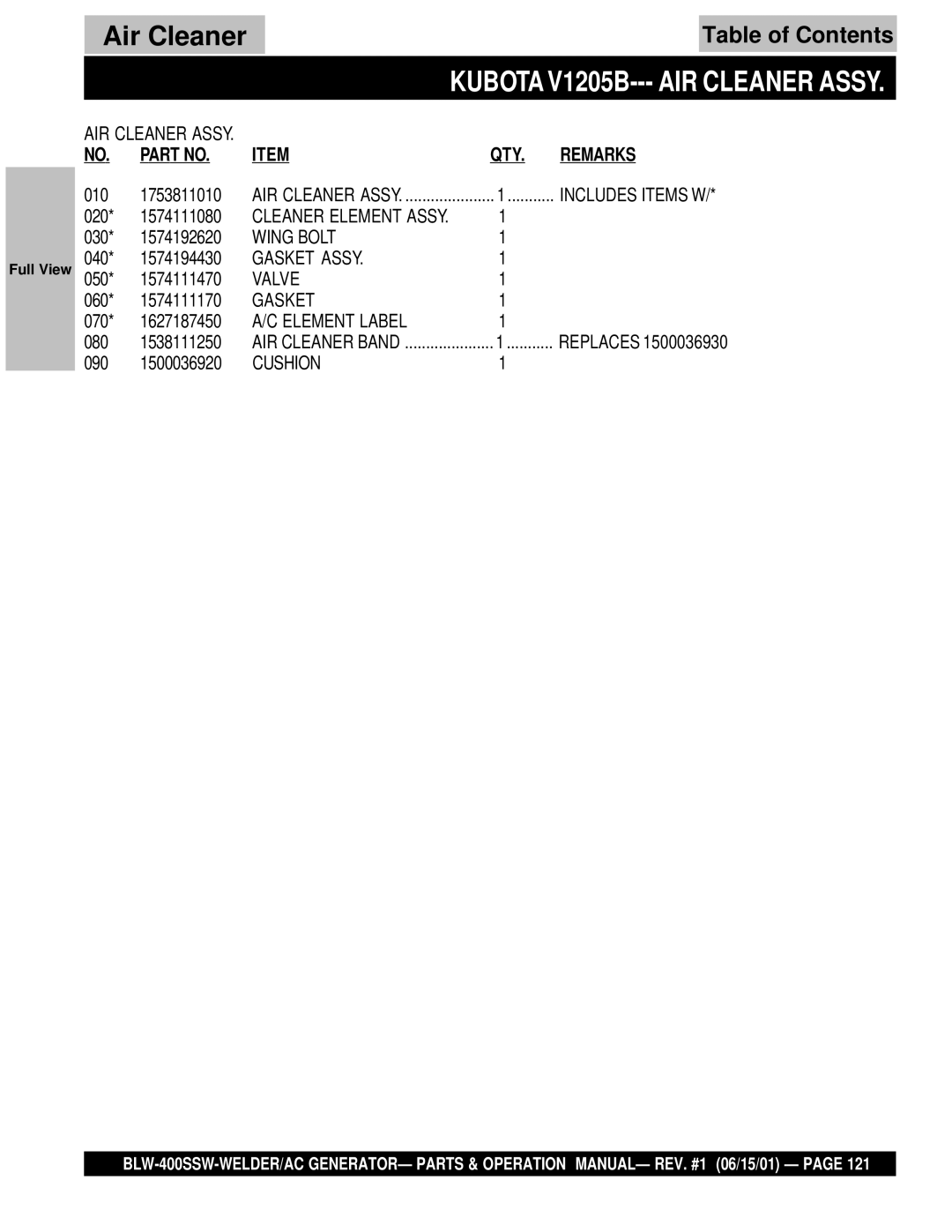 Multiquip BLW-400SSW operation manual Kubota V1205B AIR Cleaner Assy 