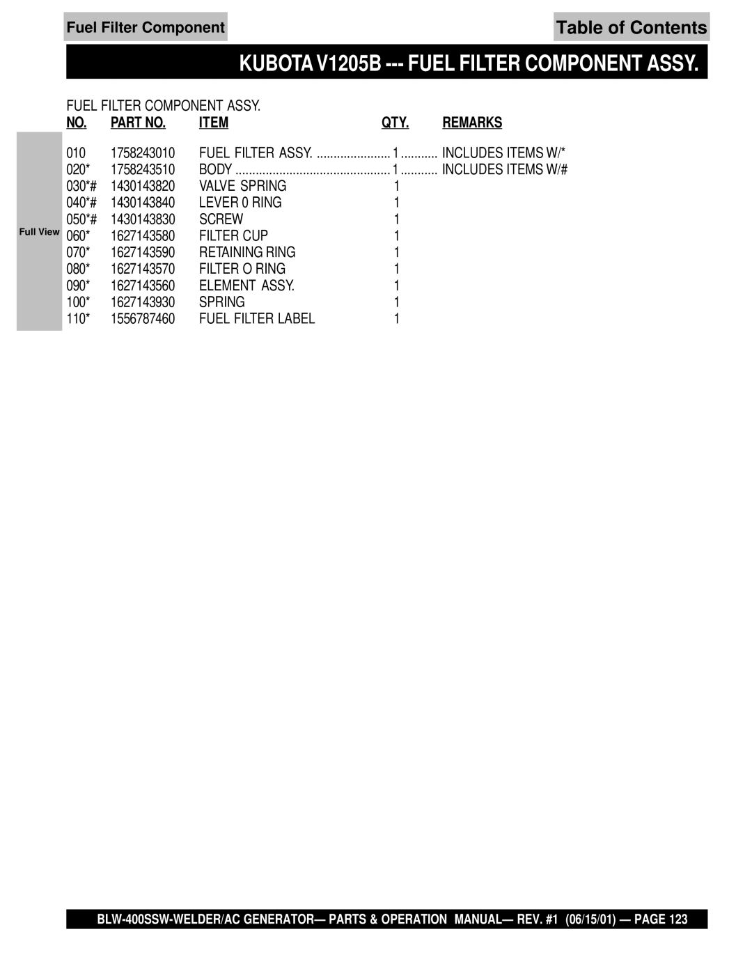 Multiquip BLW-400SSW operation manual Kubota V1205B Fuel Filter Component Assy 