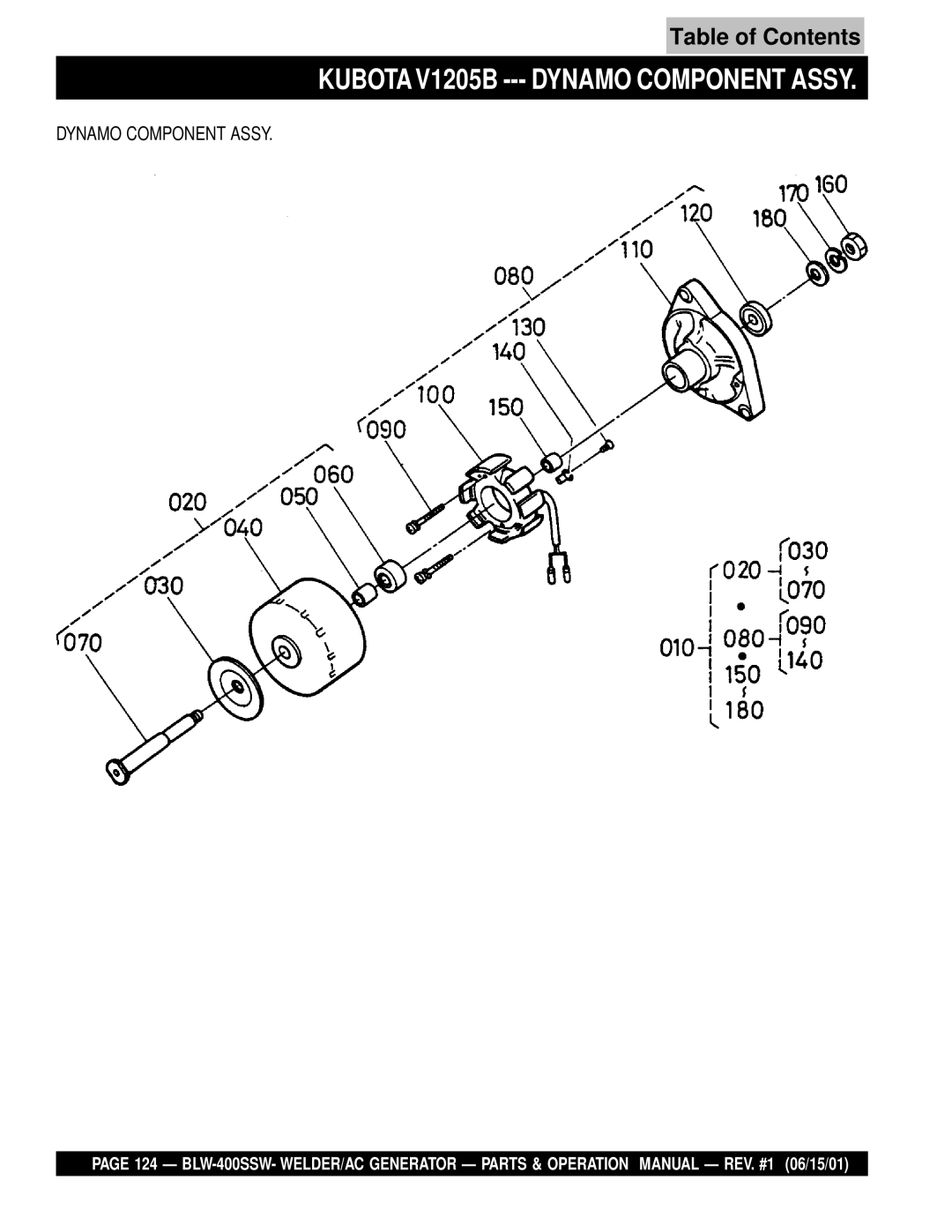 Multiquip BLW-400SSW operation manual Kubota V1205B --- Dynamo Component Assy 