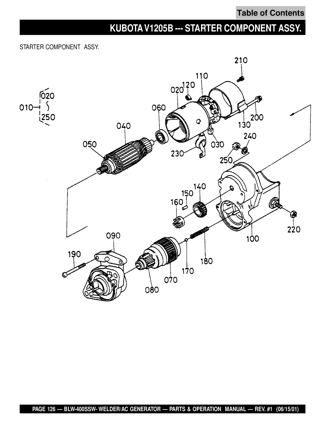 Multiquip BLW-400SSW operation manual Kubota V1205B --- Starter Component Assy 