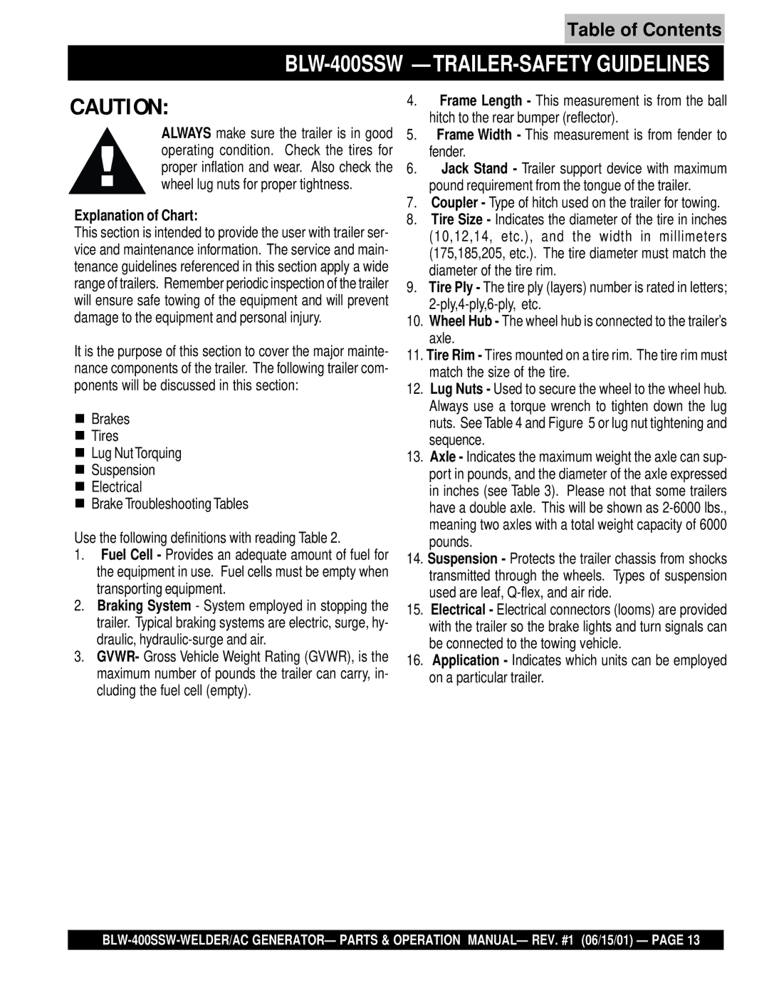 Multiquip operation manual BLW-400SSW TRAILER-SAFETY Guidelines, Explanation of Chart 