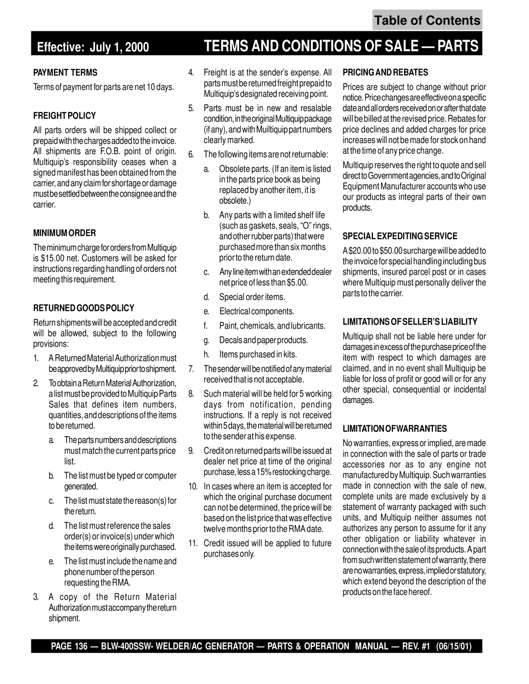 Multiquip BLW-400SSW operation manual Effective July 1, Terms and Conditions of Sale Parts 