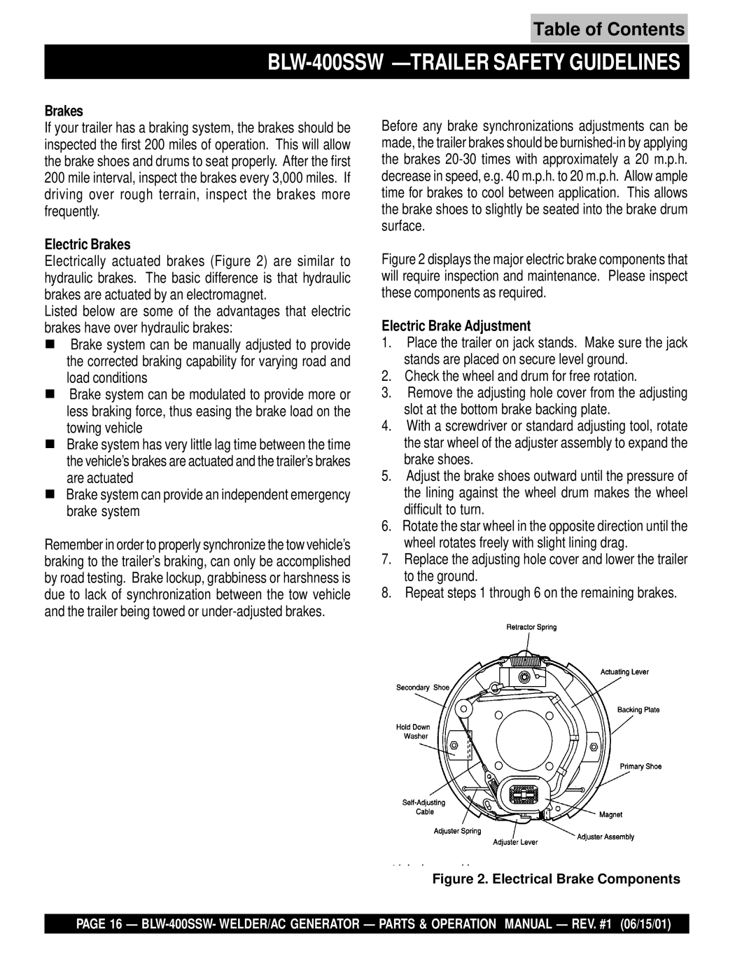 Multiquip operation manual BLW-400SSW -TRAILER Safety Guidelines, Electric Brakes, Electric Brake Adjustment 