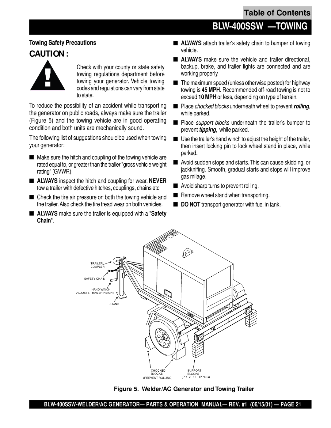 Multiquip operation manual BLW-400SSW -TOWING, Towing Safety Precautions 