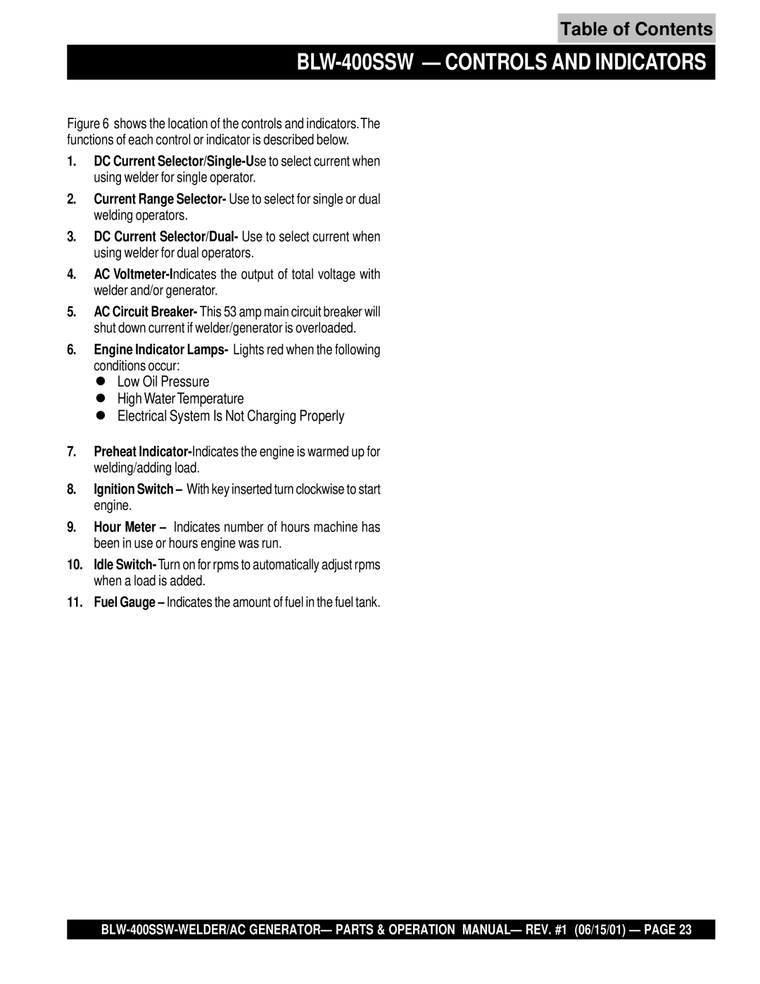 Multiquip operation manual BLW-400SSW Controls and Indicators 