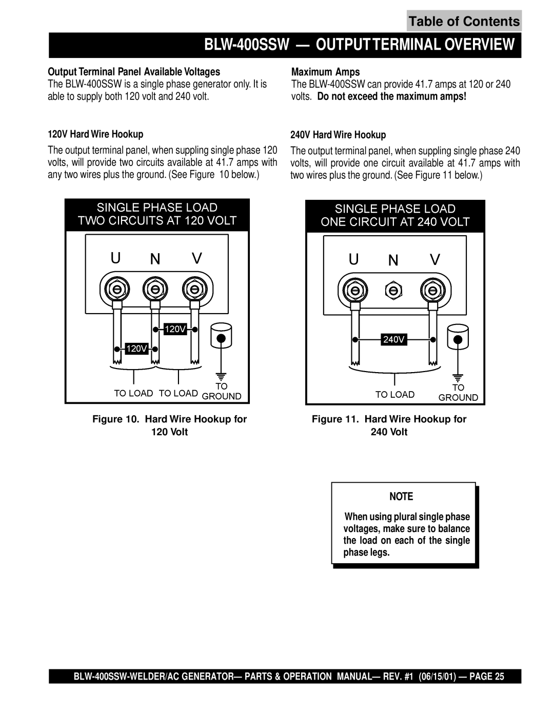 Multiquip operation manual BLW-400SSW Output Terminal Overview, Output Terminal Panel Available Voltages, Maximum Amps 