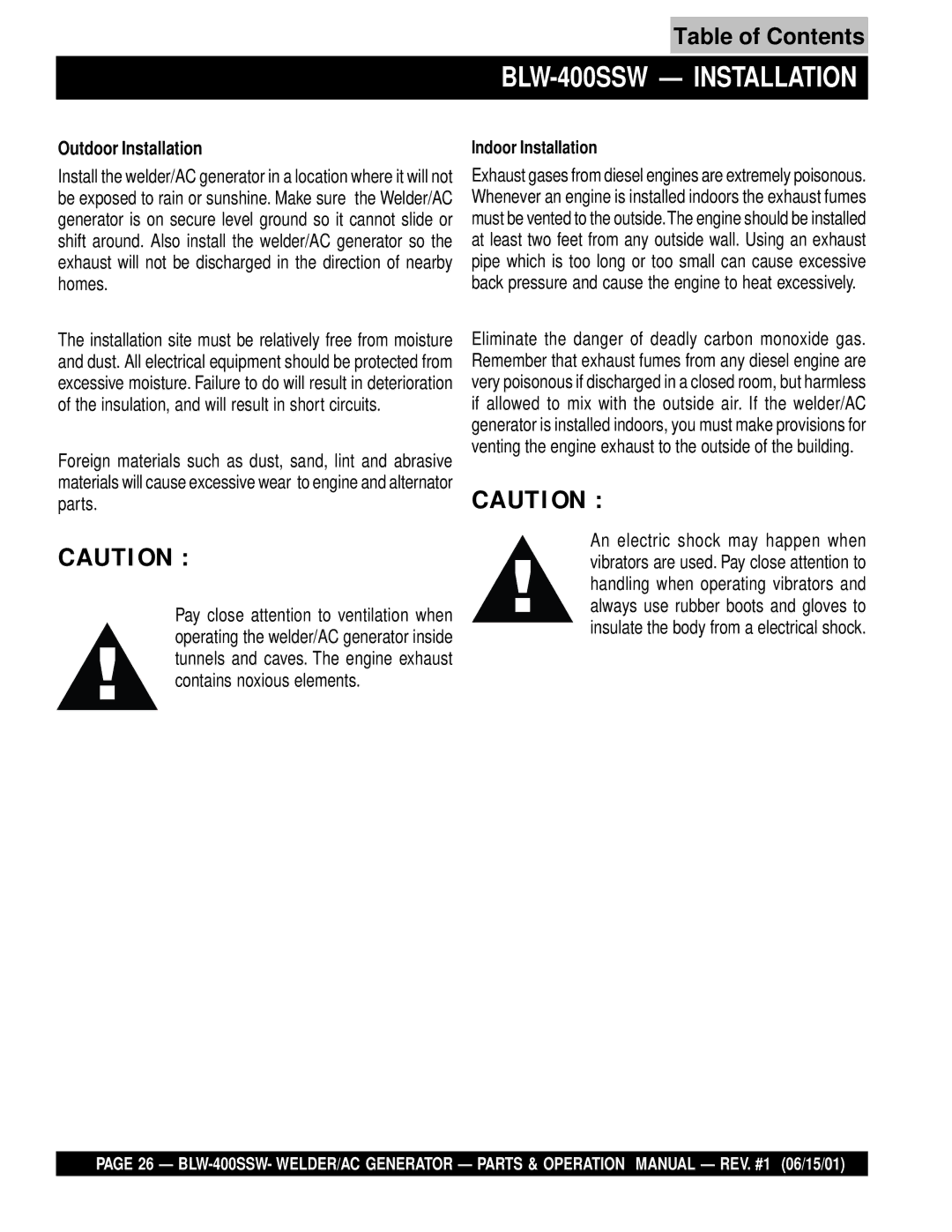 Multiquip operation manual BLW-400SSW Installation, Outdoor Installation 