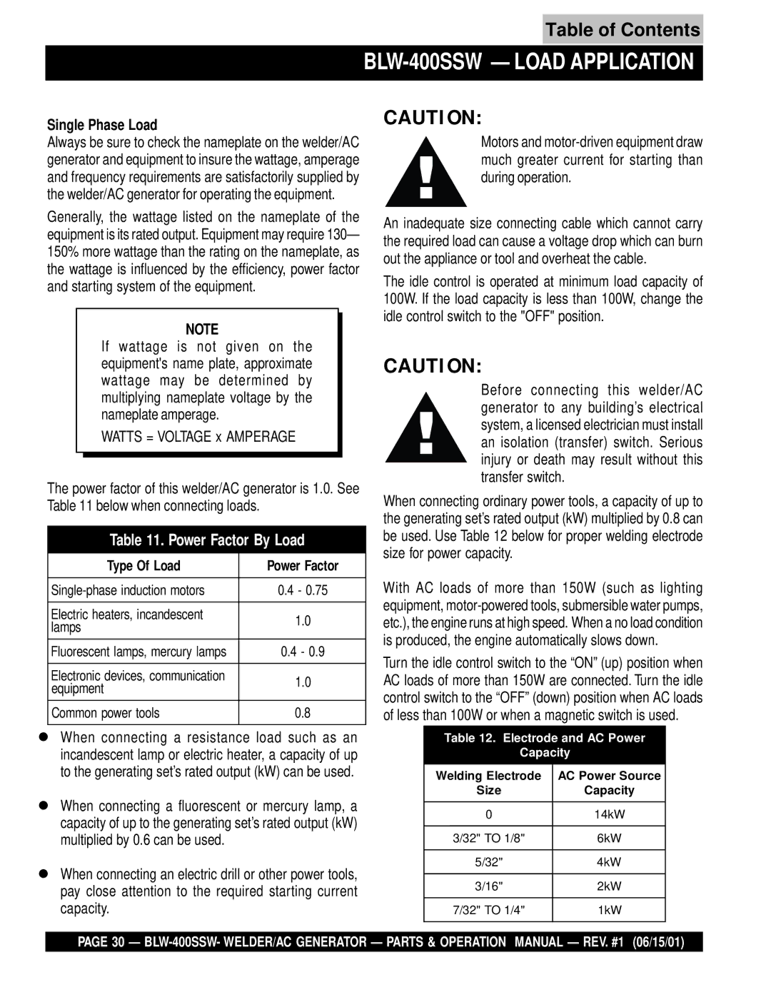 Multiquip operation manual BLW-400SSW Load Application, Single Phase Load 