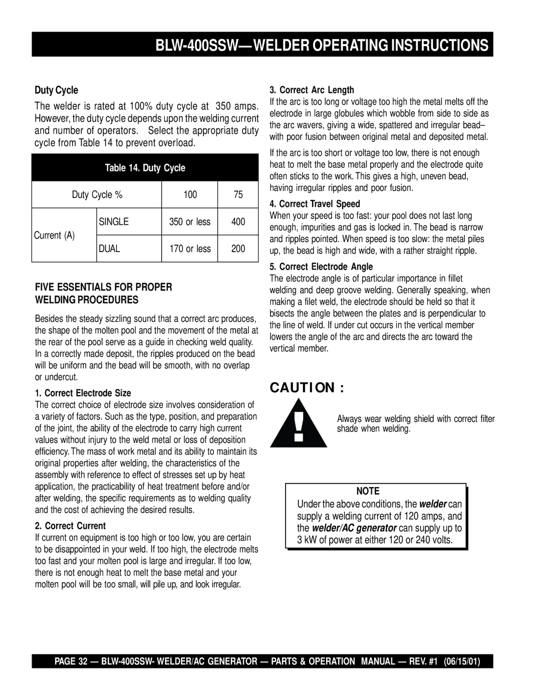 Multiquip operation manual BLW-400SSW- Welder Operating Instructions, Duty Cycle 