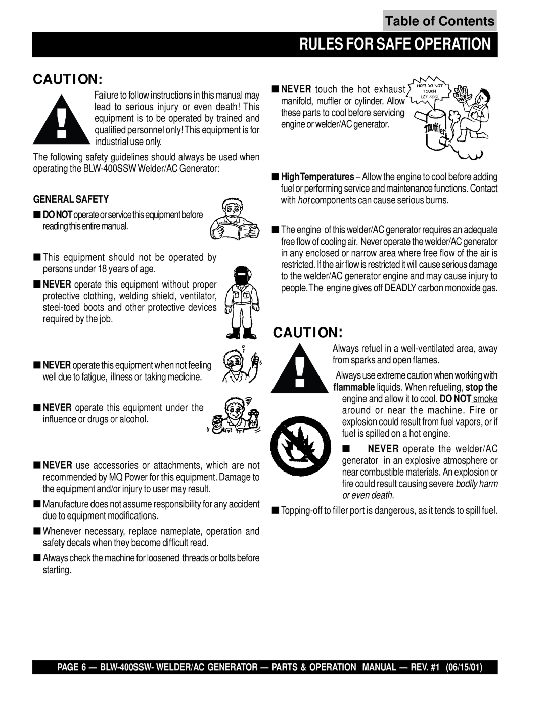 Multiquip BLW-400SSW operation manual Rules for Safe Operation, General Safety 