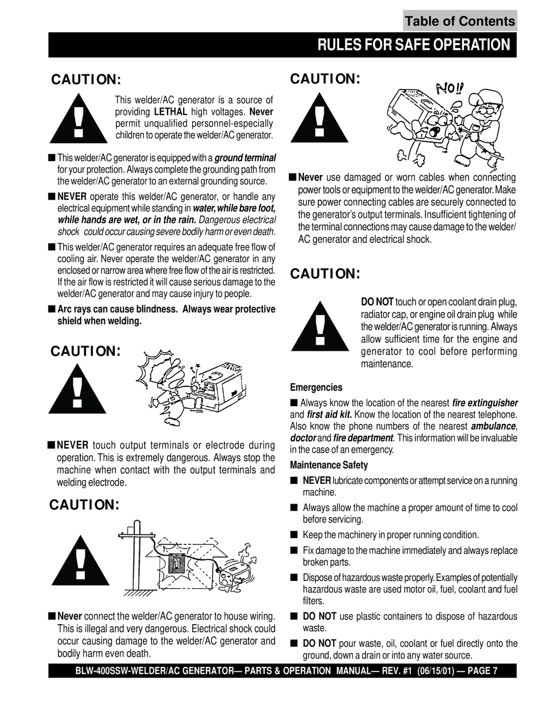 Multiquip BLW-400SSW operation manual Rules for Safe Operation, Emergencies 