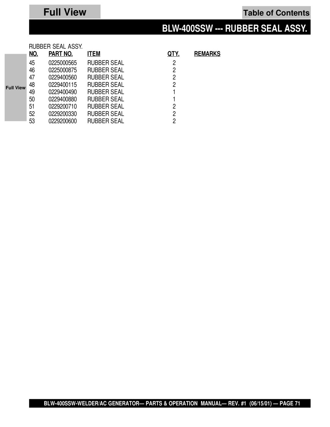 Multiquip operation manual Full View, BLW-400SSW --- Rubber Seal Assy 