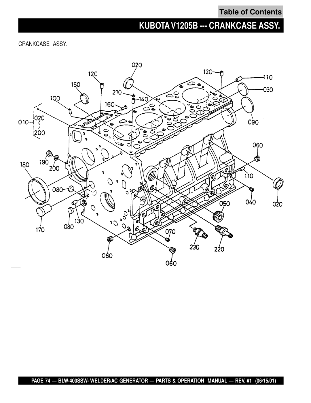 Multiquip BLW-400SSW operation manual Kubota V1205B --- Crankcase Assy 