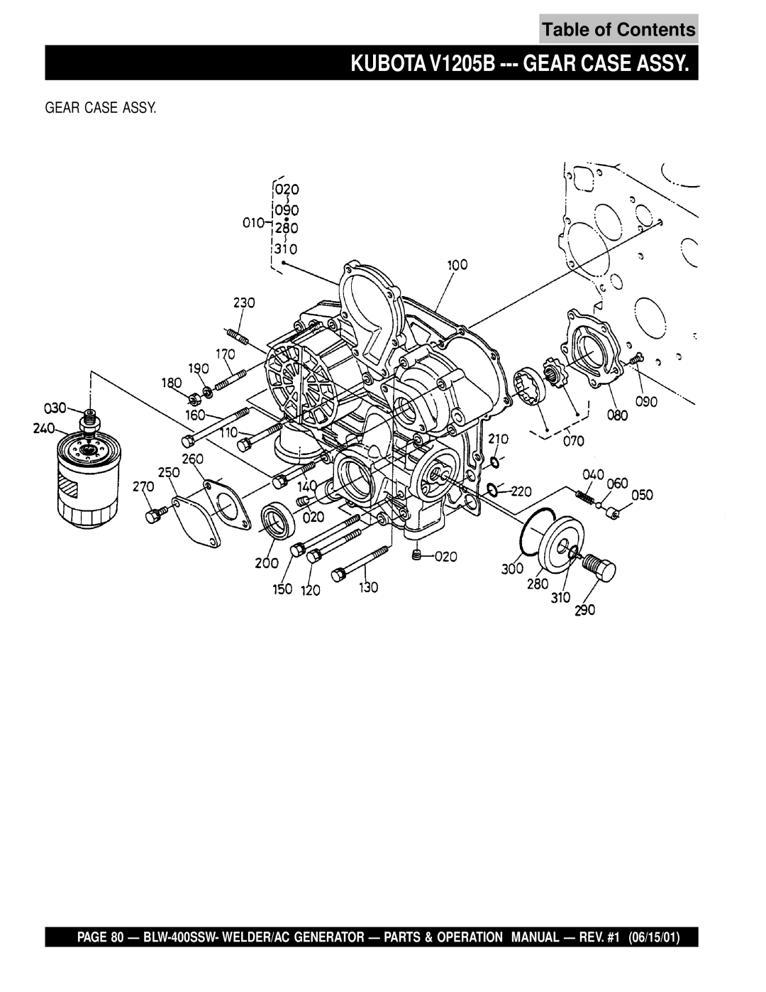 Multiquip BLW-400SSW operation manual Kubota V1205B --- Gear Case Assy 