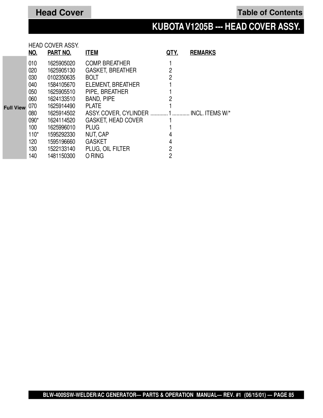 Multiquip BLW-400SSW operation manual Kubota V1205B --- Head Cover Assy 