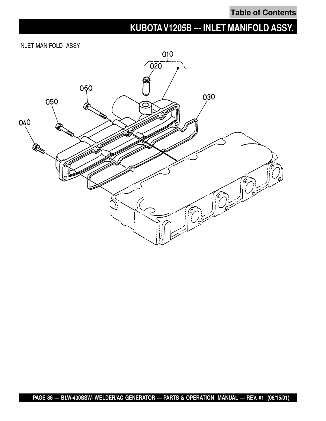 Multiquip BLW-400SSW operation manual Kubota V1205B --- Inlet Manifold Assy 