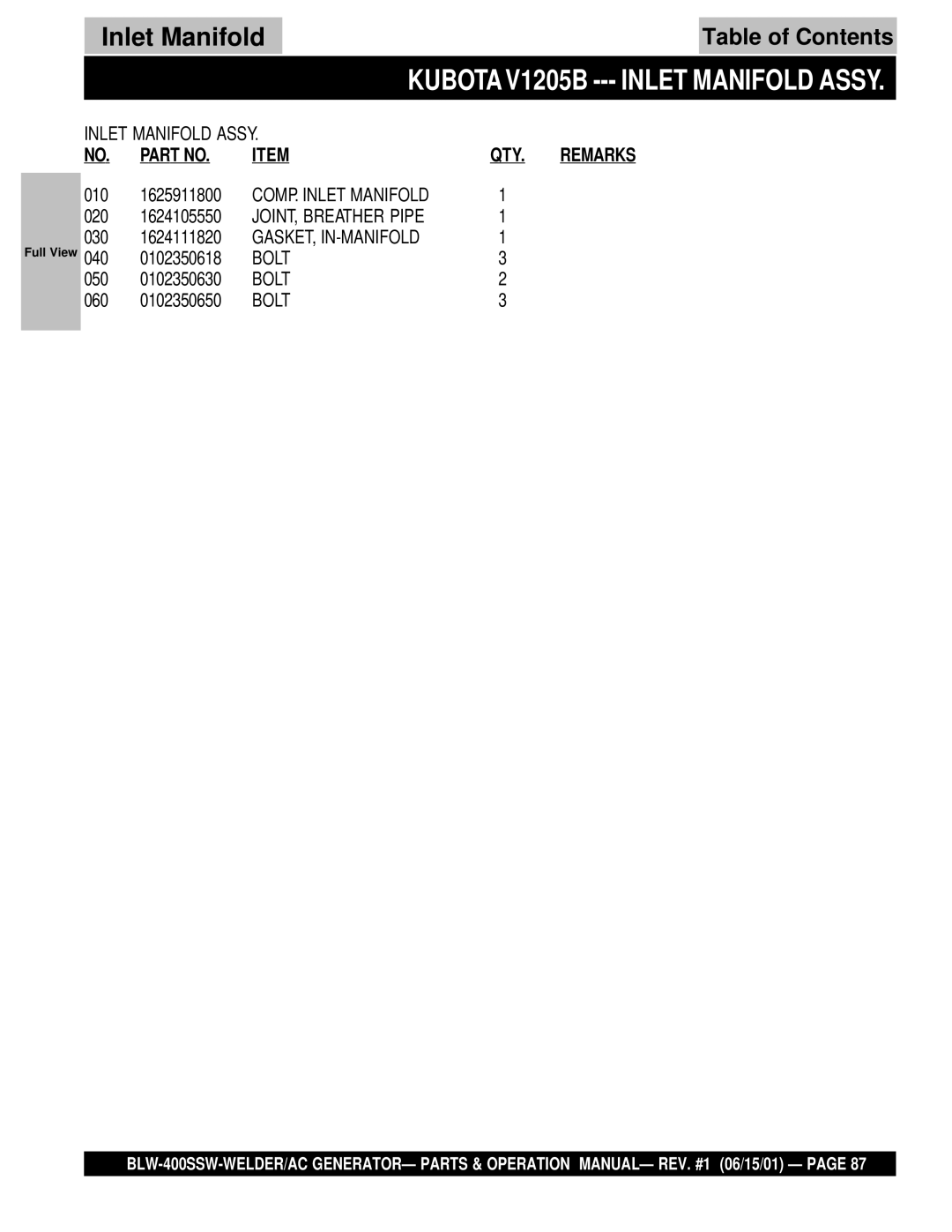 Multiquip BLW-400SSW operation manual Kubota V1205B --- Inlet Manifold Assy, JOINT, Breather Pipe, Gasket, In-Manifold 