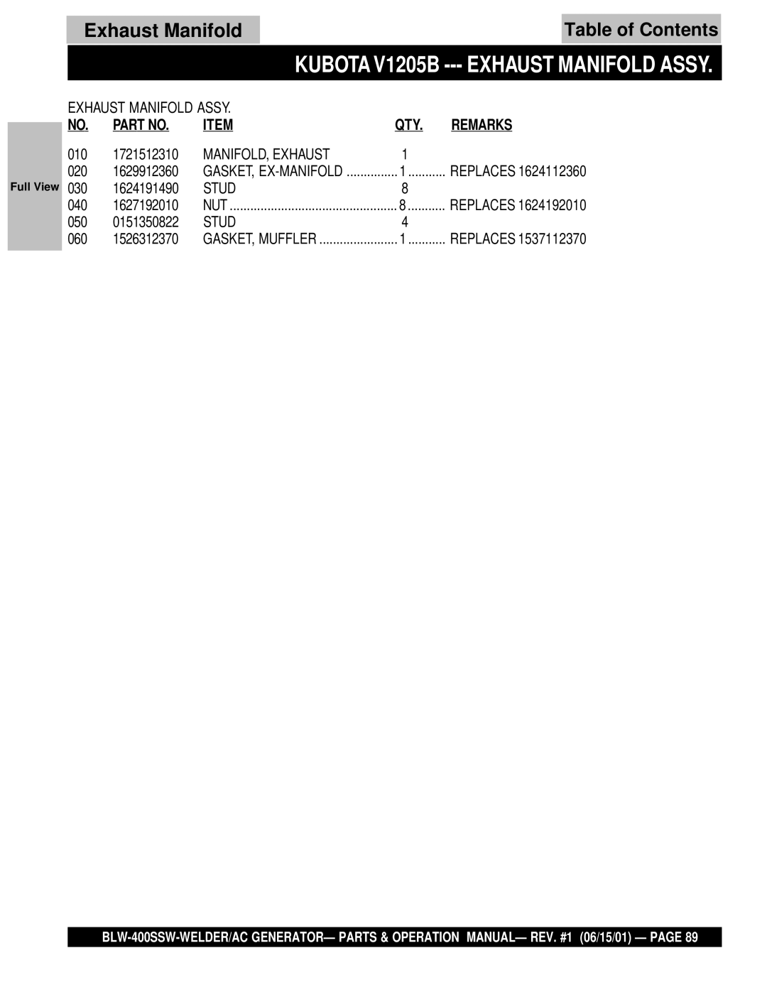 Multiquip BLW-400SSW operation manual Kubota V1205B Exhaust Manifold Assy, Stud 