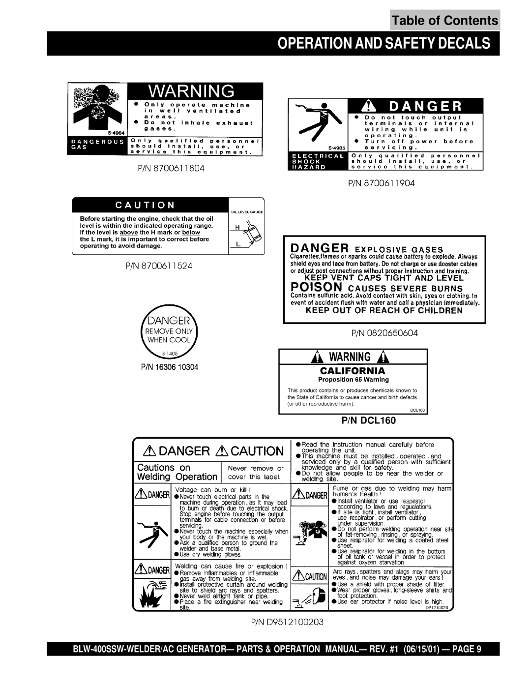 Multiquip BLW-400SSW operation manual Operation and Safety Decals 