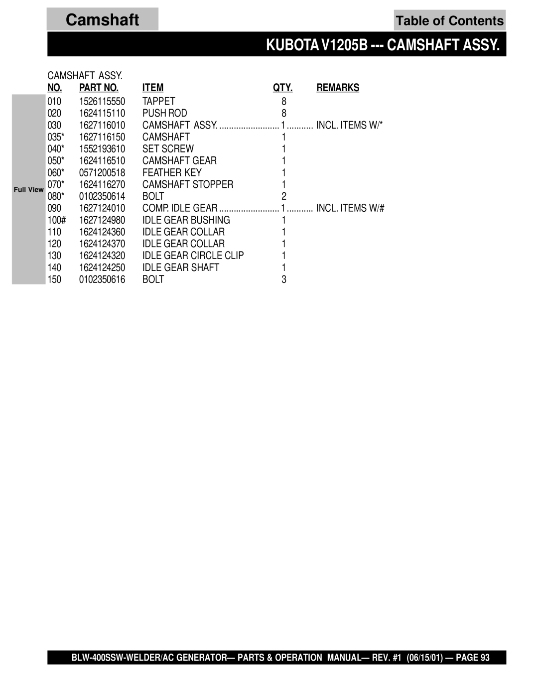 Multiquip BLW-400SSW operation manual Kubota V1205B Camshaft Assy 