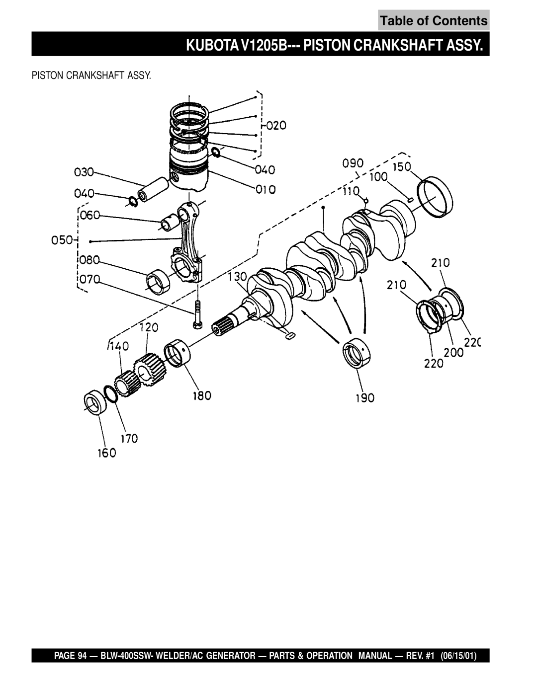 Multiquip BLW-400SSW operation manual Kubota V1205B--- Piston Crankshaft Assy 