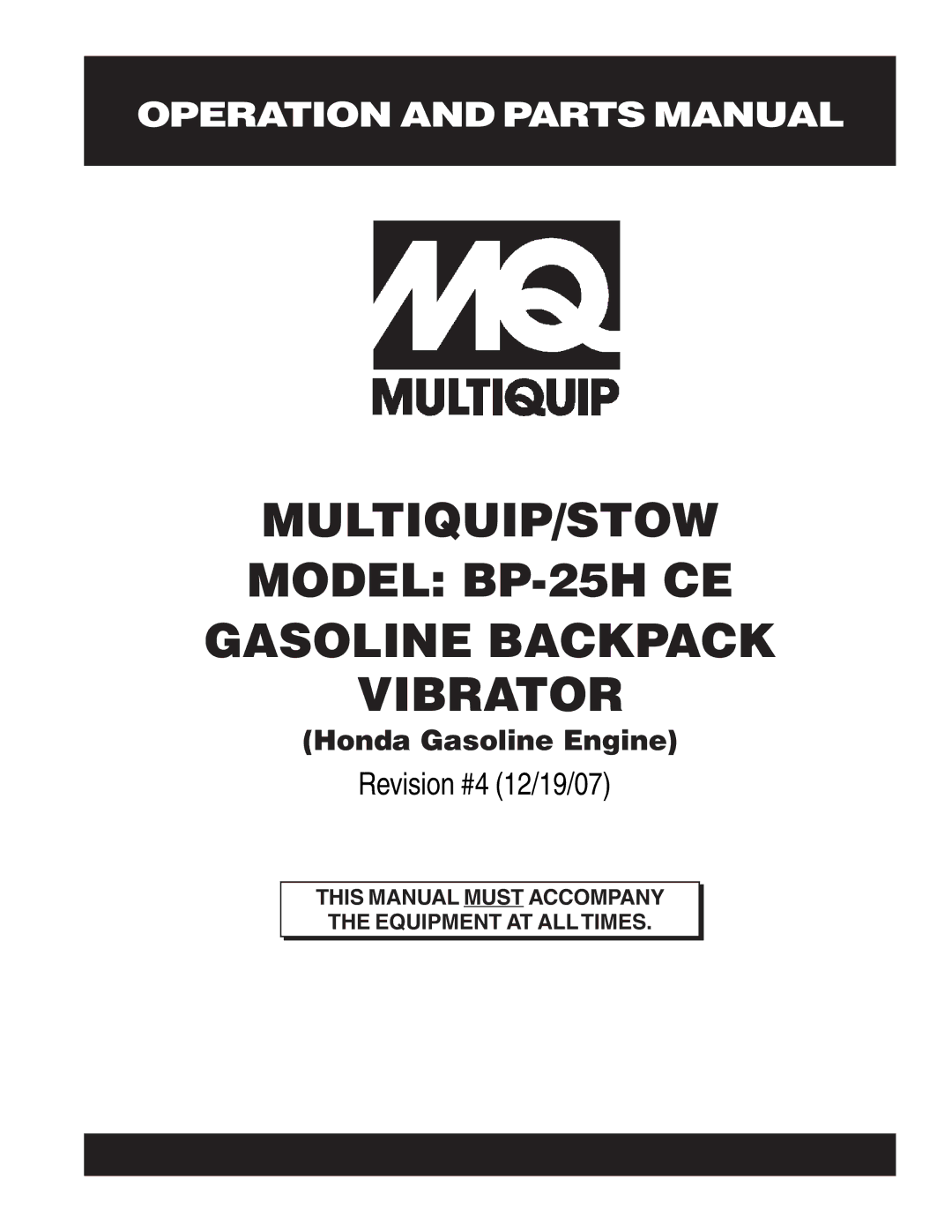 Multiquip manual MULTIQUIP/STOW Model BP-25H CE Gasoline Backpack Vibrator 