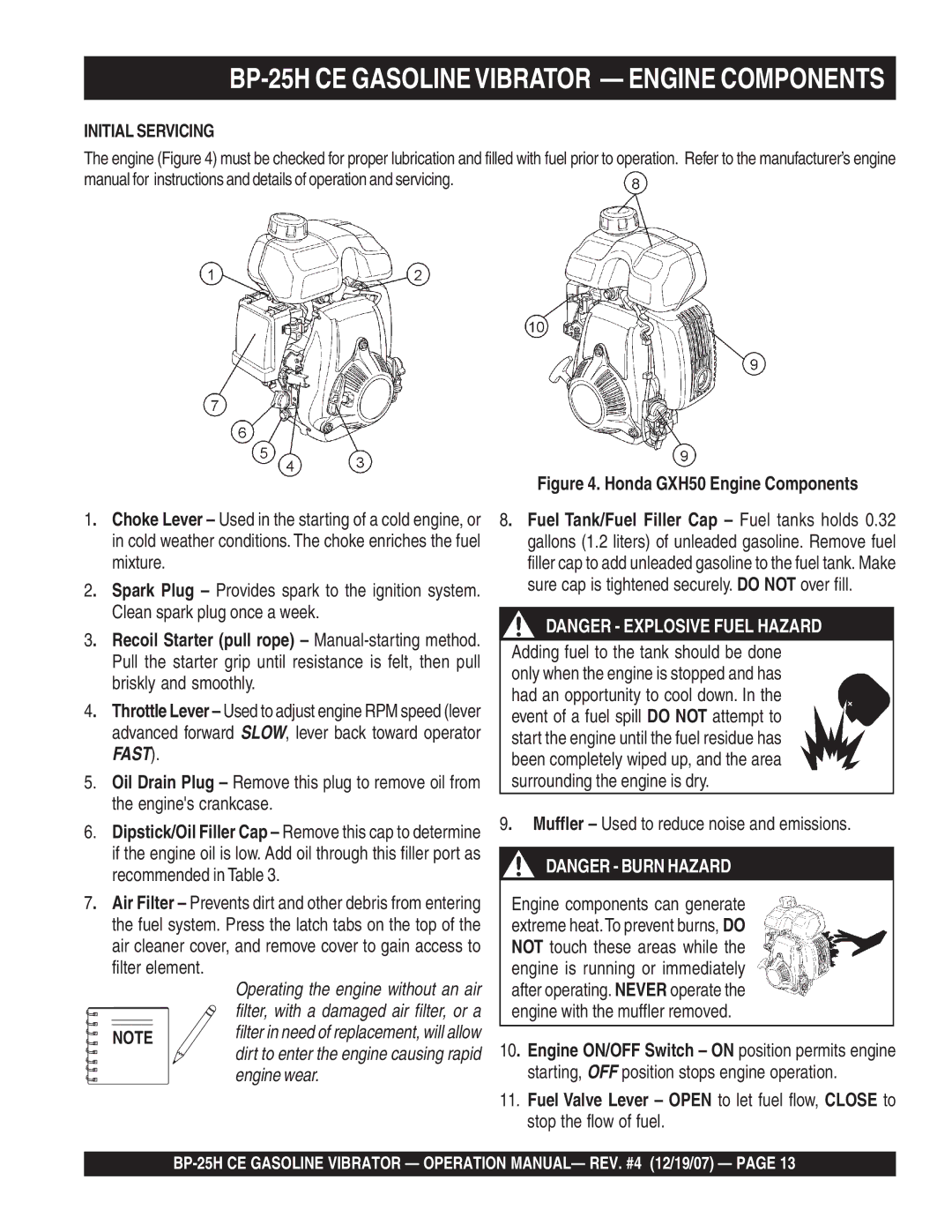 Multiquip manual BP-25H CE Gasolinevibrator Engine Components, Honda GXH50 Engine Components 