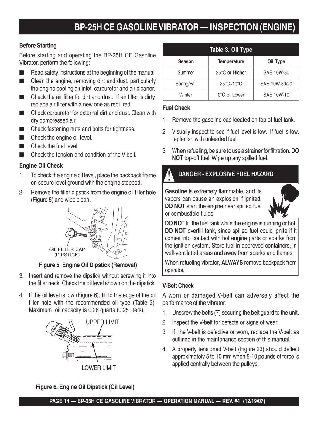 Multiquip manual BP-25H CE Gasolinevibrator Inspection Engine, Before Starting, Engine Oil Check, Fuel Check, Belt Check 