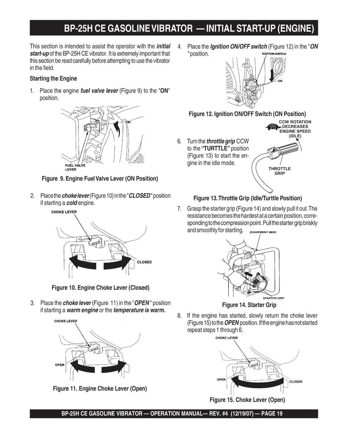 Multiquip manual BP-25H CE Gasolinevibrator Initial START-UP Engine, Place the Ignition ON/OFF switch in the on position 