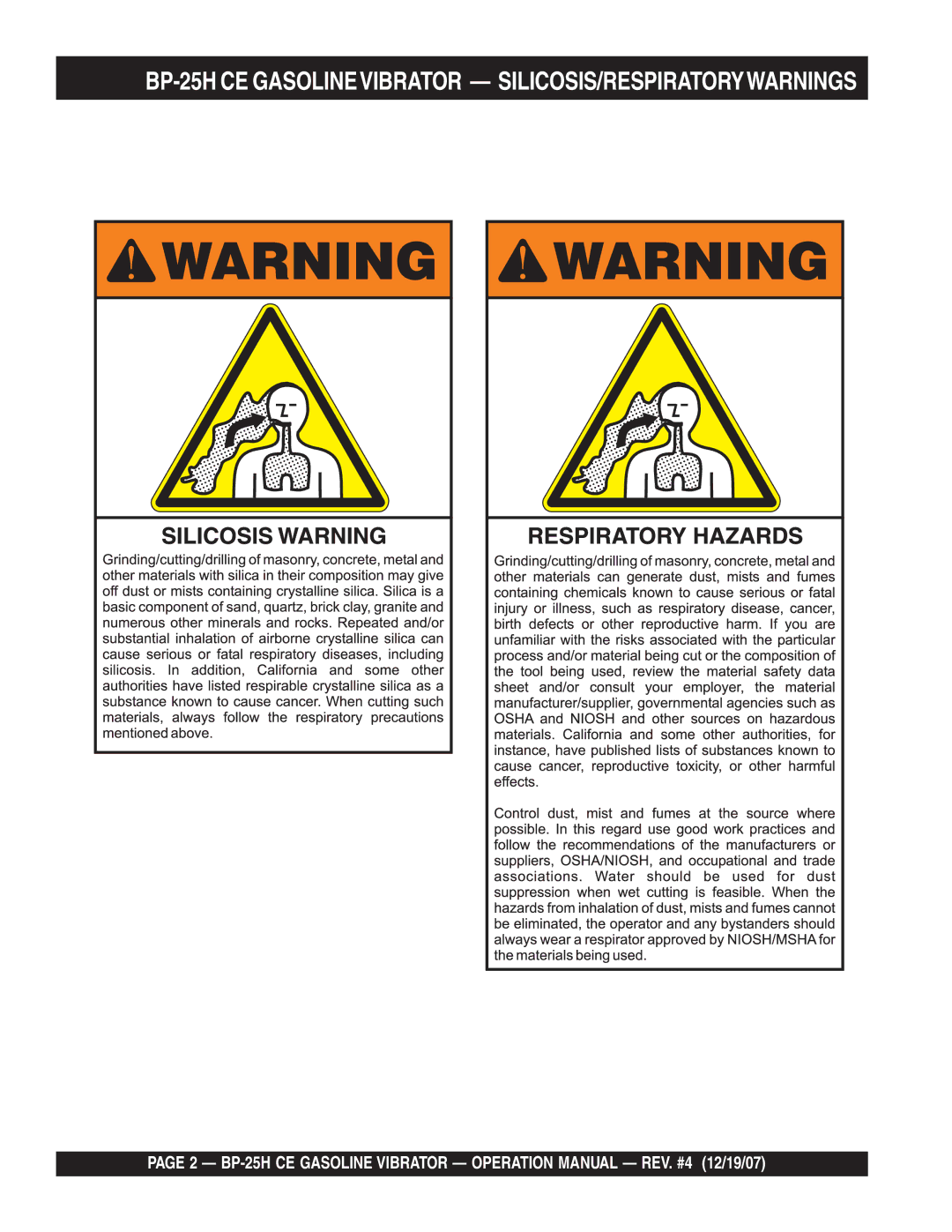 Multiquip manual BP-25H CE Gasolinevibrator SILICOSIS/RESPIRATORYWARNINGS 