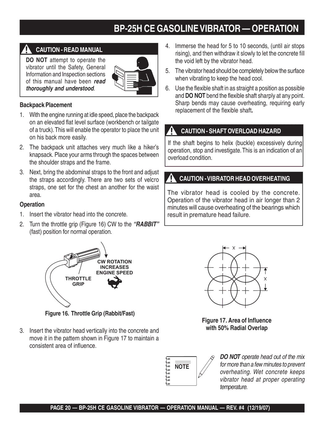 Multiquip manual BP-25H CE Gasolinevibrator Operation, Backpack Placement 