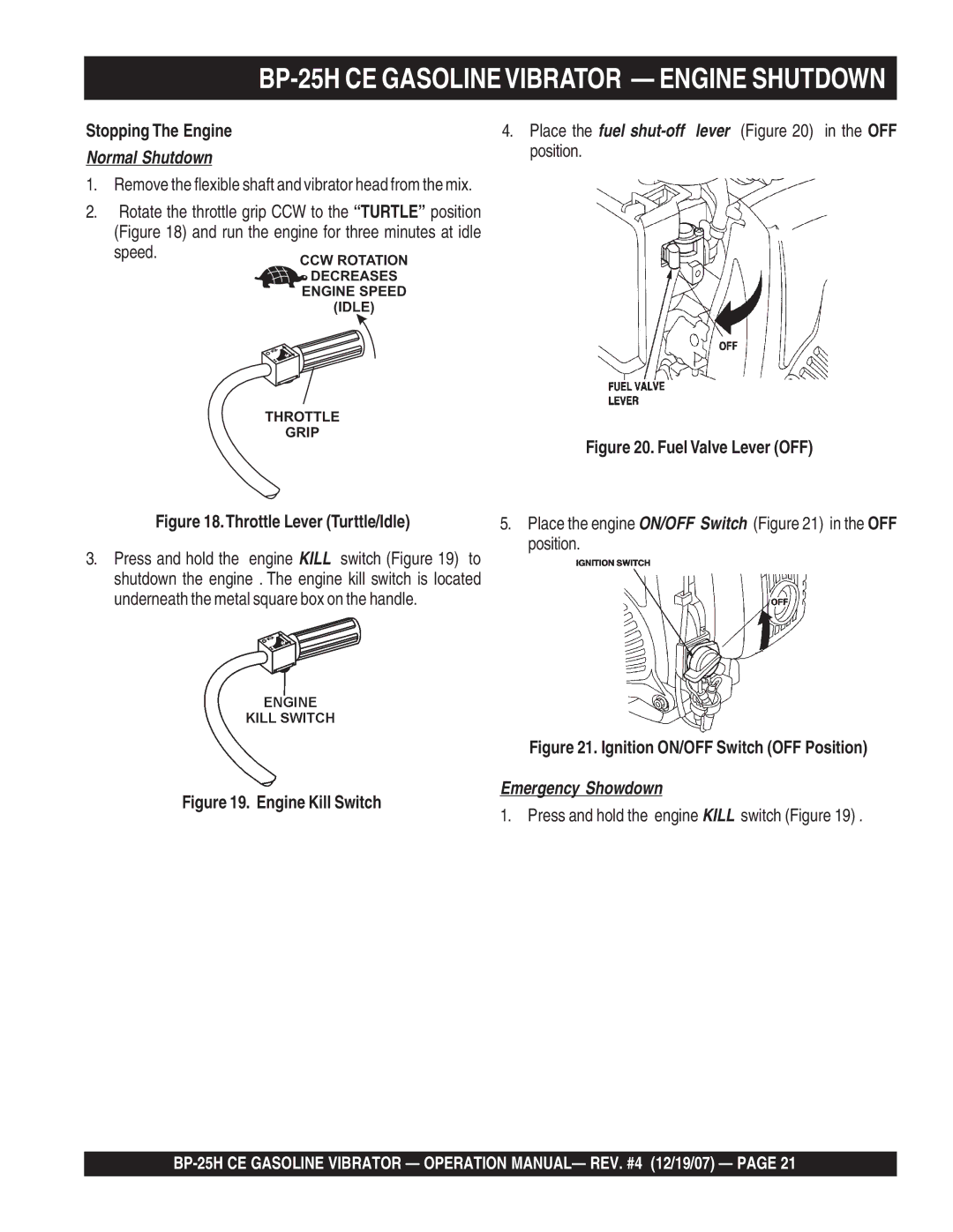 Multiquip manual BP-25H CE Gasolinevibrator Engine Shutdown, Normal Shutdown 