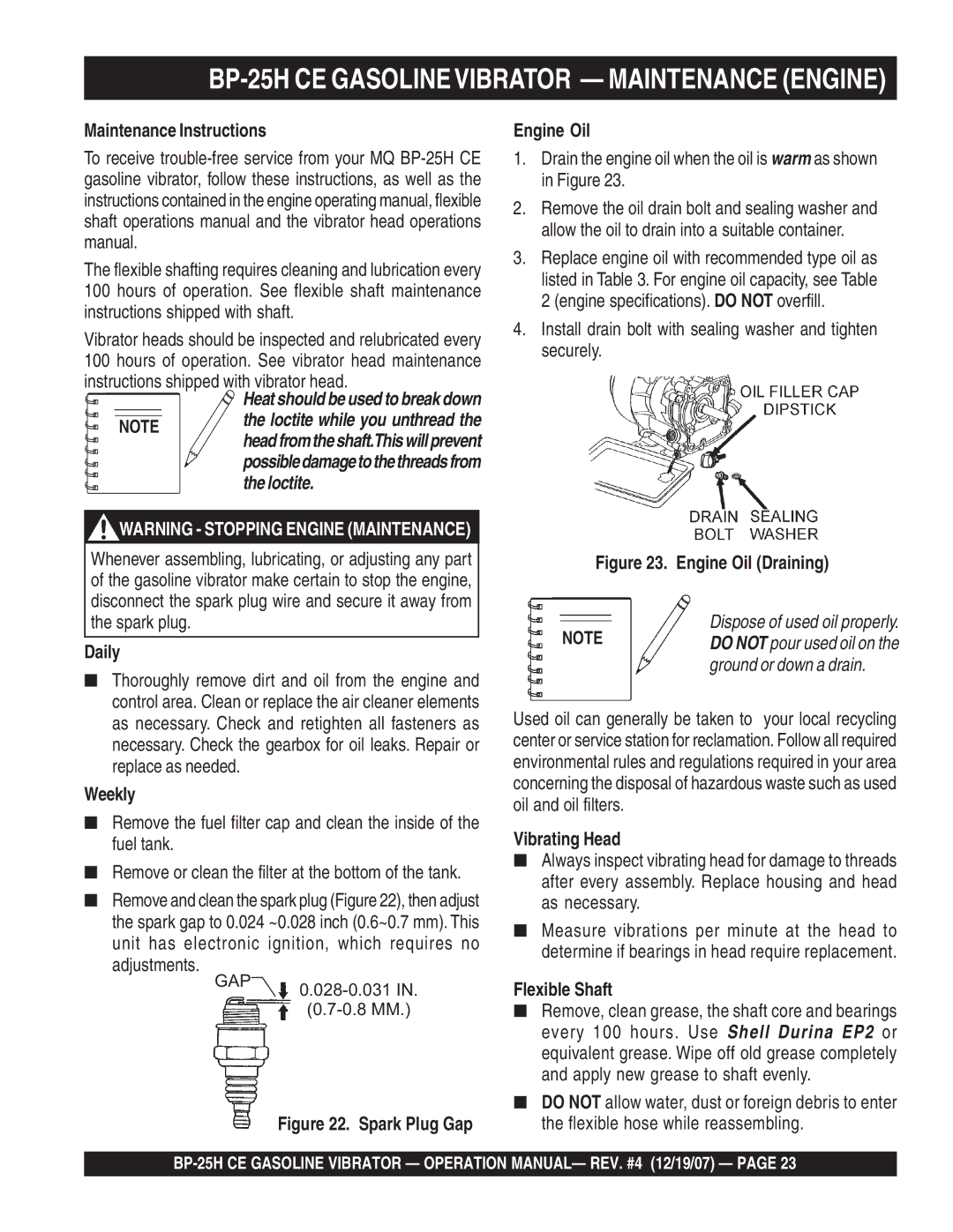 Multiquip manual BP-25H CE Gasolinevibrator Maintenance Engine 