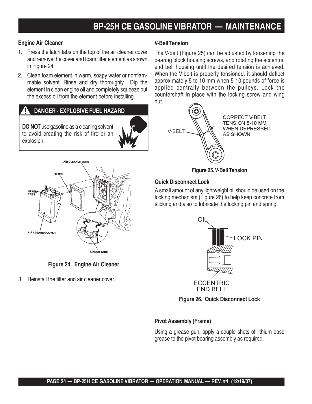 Multiquip BP-25H CE manual Engine Air Cleaner, BeltTension, Quick Disconnect Lock 