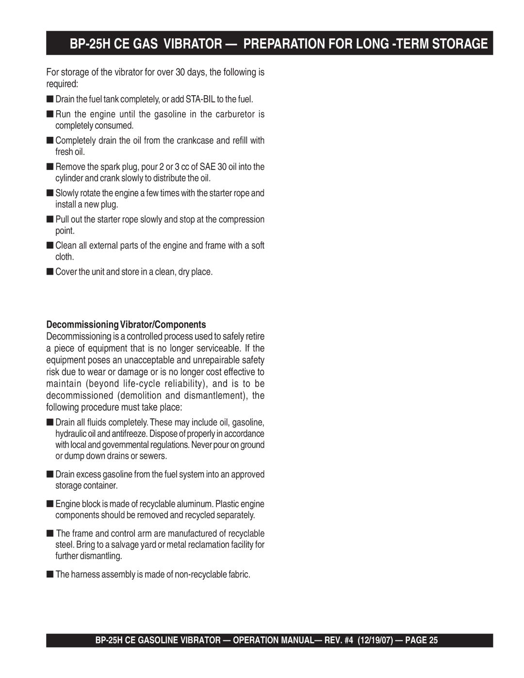 Multiquip manual BP-25H CE GAS Vibrator Preparation for Long -TERM Storage 