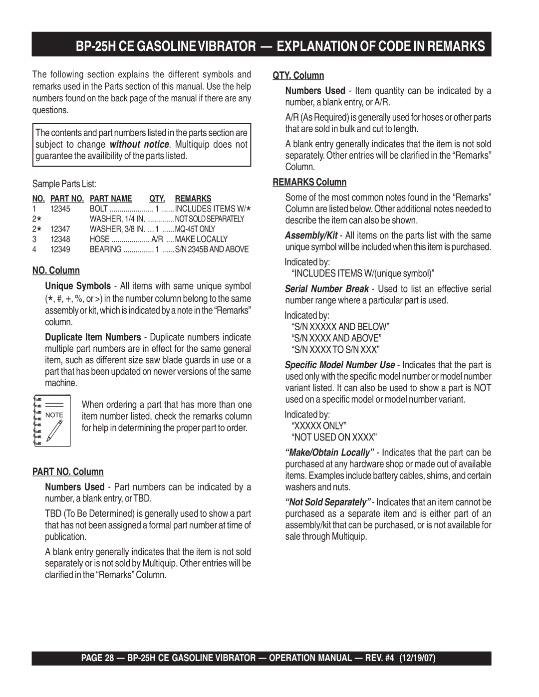 Multiquip manual BP-25H CE Gasolinevibrator Explanation of Code in Remarks 